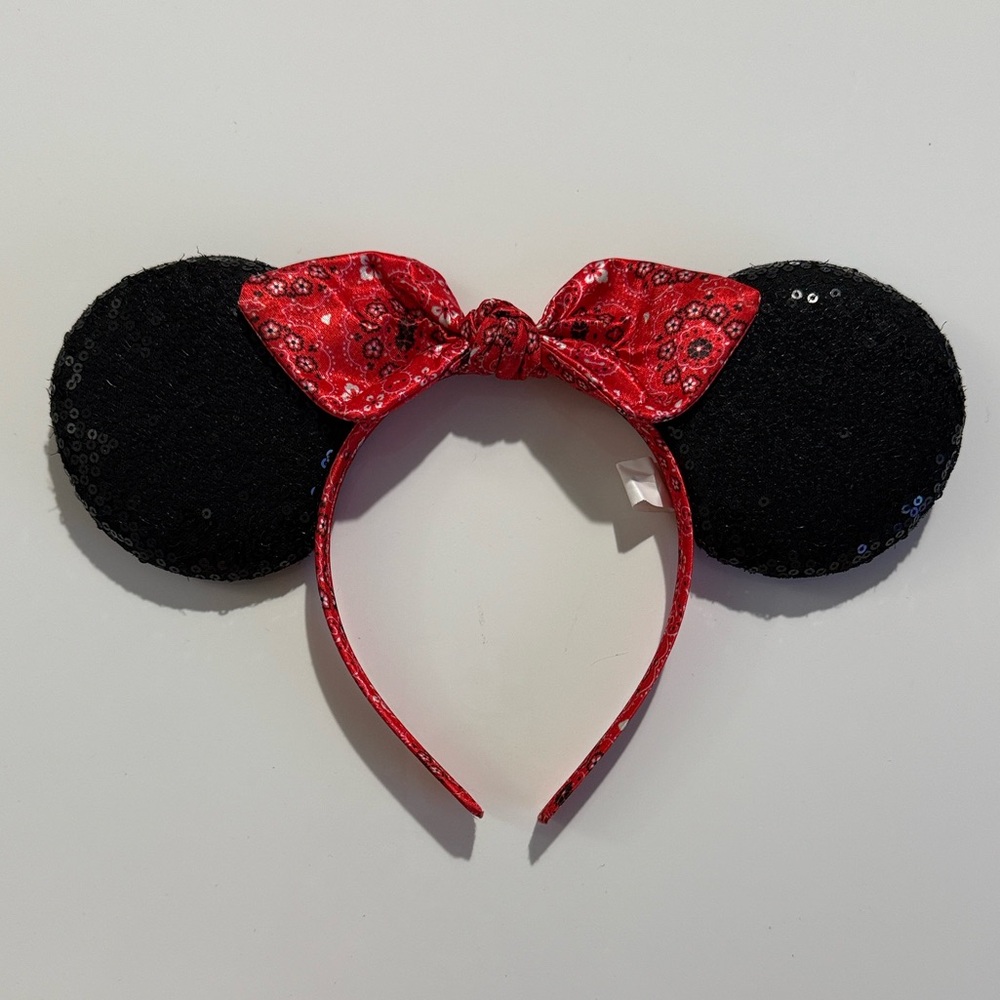 Disney Black Sequin Minnie Ear Headband with Red Bandana Bow